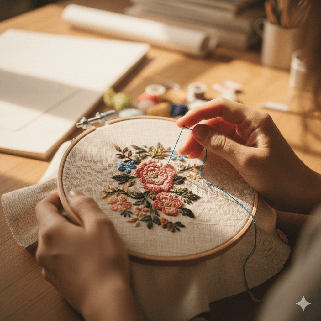 Cadre de broderie et fils en cours de création